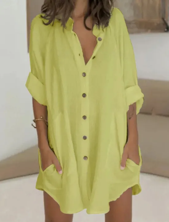 Discount Women's Mini Dress Cotton Linen Dresses Shirt Dress White Cotton Dress Basic Casual Daily Regular Fit Plain Long Sleeve Shirt Collar White Summer Spring Women Dresses