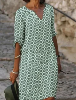 Clearance Women's Mini Dress Cotton Linen Dresses Casual Dress Elegant Basic Casual Vacation Daily Regular Fit Geometric Short Sleeve V Neck Yellow Blue Green Gray Summer Spring Women Dresses