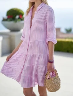 Clearance Women's Mini Dress Cotton Linen Dresses Shirt Dress Casual Dress Casual Vacation Daily Regular Fit Stripe 3/4 Length Sleeve Shirt Collar Summer Women Dresses