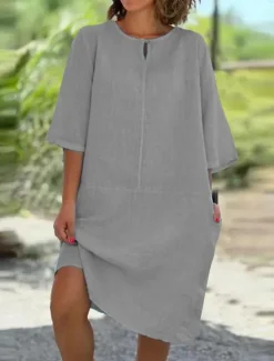 Discount Women's Mini Dress Cotton Linen Dresses Casual Dress Basic Casual Vacation Daily Regular Fit Plain 3/4 Length Sleeve Crew Neck Yellow Wine Gray Light Blue Summer Women Dresses