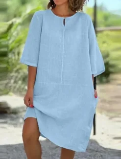 Discount Women's Mini Dress Cotton Linen Dresses Casual Dress Basic Casual Vacation Daily Regular Fit Plain 3/4 Length Sleeve Crew Neck Yellow Wine Gray Light Blue Summer Women Dresses