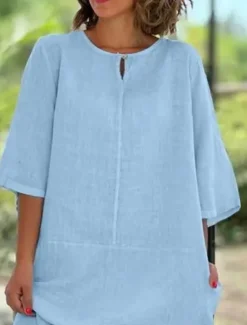 Discount Women's Mini Dress Cotton Linen Dresses Casual Dress Basic Casual Vacation Daily Regular Fit Plain 3/4 Length Sleeve Crew Neck Yellow Wine Gray Light Blue Summer Women Dresses