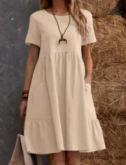 New Women's Mini Dress Cotton Linen Dresses Casual Dress Cotton Maxi Dress Basic Casual Vacation Daily Regular Fit Plain Short Sleeve Crew Neck Black Apricot Summer Women Dresses