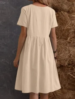 New Women's Mini Dress Cotton Linen Dresses Casual Dress Cotton Maxi Dress Basic Casual Vacation Daily Regular Fit Plain Short Sleeve Crew Neck Black Apricot Summer Women Dresses