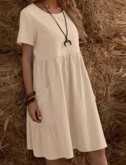 New Women's Mini Dress Cotton Linen Dresses Casual Dress Cotton Maxi Dress Basic Casual Vacation Daily Regular Fit Plain Short Sleeve Crew Neck Black Apricot Summer Women Dresses