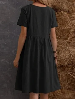 New Women's Mini Dress Cotton Linen Dresses Casual Dress Cotton Maxi Dress Basic Casual Vacation Daily Regular Fit Plain Short Sleeve Crew Neck Black Apricot Summer Women Dresses