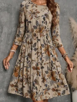 Online Women's Mini Dress Cotton Linen Dresses Casual Dress Basic Casual Vacation Daily Regular Fit Floral 3/4 Length Sleeve Crew Neck Summer Spring Women Dresses