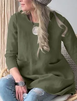 Women's Mini Dress Cotton Linen Dresses Casual Dress Stylish Basic Casual Vacation Daily Loose Fit Plain 3/4 Length Sleeve Crew Neck Green Khaki Dark Blue Summer Spring Fall Women Dresses