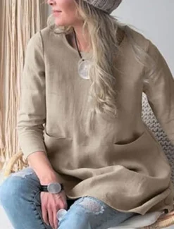 Women's Mini Dress Cotton Linen Dresses Casual Dress Stylish Basic Casual Vacation Daily Loose Fit Plain 3/4 Length Sleeve Crew Neck Green Khaki Dark Blue Summer Spring Fall Women Dresses