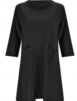 Women's Mini Dress Cotton Linen Dresses Casual Dress Stylish Basic Casual Vacation Daily Loose Fit Plain 3/4 Length Sleeve Crew Neck Green Khaki Dark Blue Summer Spring Fall Women Dresses