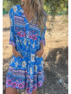 Sale Women's Mini Dress Cotton Linen Dress Boho Dress Classic Modern Vacation Daily Holiday Regular Fit Flower Half Sleeve V Neck Navy Blue Royal Blue Purple Summer Women Floral Dresses