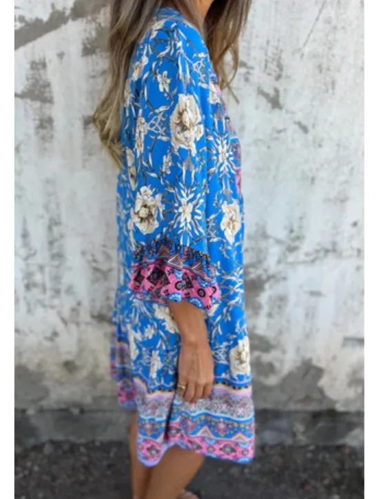 Sale Women's Mini Dress Cotton Linen Dress Boho Dress Classic Modern Vacation Daily Holiday Regular Fit Flower Half Sleeve V Neck Navy Blue Royal Blue Purple Summer Women Floral Dresses