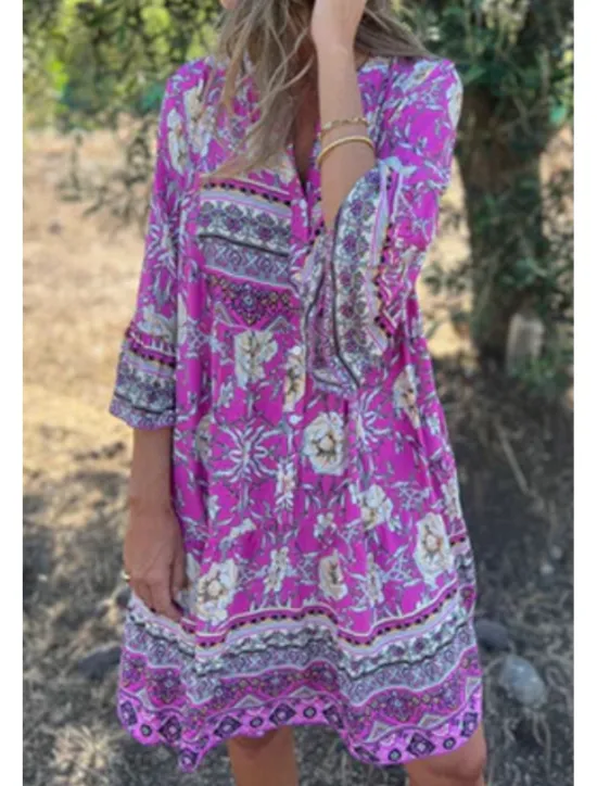 Sale Women's Mini Dress Cotton Linen Dress Boho Dress Classic Modern Vacation Daily Holiday Regular Fit Flower Half Sleeve V Neck Navy Blue Royal Blue Purple Summer Women Floral Dresses