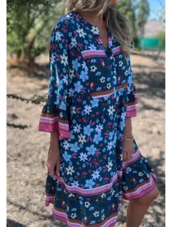 Sale Women's Mini Dress Cotton Linen Dress Boho Dress Classic Modern Vacation Daily Holiday Regular Fit Flower Half Sleeve V Neck Navy Blue Royal Blue Purple Summer Women Floral Dresses