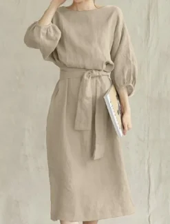Best Women's Mini Dress Cotton Linen Dresses Casual Dress Basic Casual Vacation Daily Regular Fit Plain 3/4 Length Sleeve Crew Neck Navy Blue Brown Khaki Army Green Summer Women Dresses