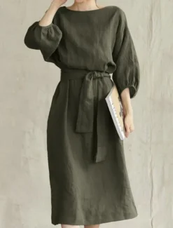 Best Women's Mini Dress Cotton Linen Dresses Casual Dress Basic Casual Vacation Daily Regular Fit Plain 3/4 Length Sleeve Crew Neck Navy Blue Brown Khaki Army Green Summer Women Dresses