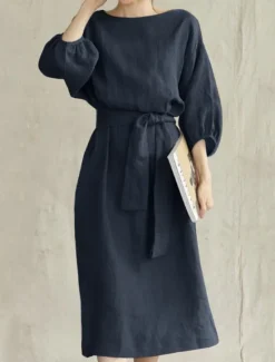 Best Women's Mini Dress Cotton Linen Dresses Casual Dress Basic Casual Vacation Daily Regular Fit Plain 3/4 Length Sleeve Crew Neck Navy Blue Brown Khaki Army Green Summer Women Dresses