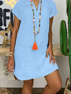 Hot Women's Mini Dress Cotton Linen Dresses Casual Dress Elegant Stylish Basic Vacation Work Daily Regular Fit Plain Short Sleeve V Neck White Yellow Blue Green Summer Spring Women Dresses