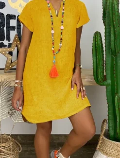 Clearance Women's Mini Dress Cotton Linen Dresses Casual Dress Basic Casual Vacation Daily Regular Fit Plain Short Sleeve Notched Neck Black White Yellow Army Green Summer Women Dresses