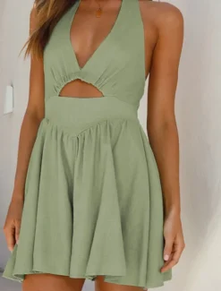Hot Women's Mini Dress Cotton Linen Dresses Basic Casual Vacation Daily Date Regular Fit Plain Sleeveless Halter Neck Black White Green Summer Spring Women Dresses