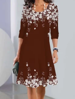Hot Women's Mini Dress Crew Neck Long Sleeve Petite Dress T Shirt Dress Tee Dress Print Dress Fashion Modern Outdoor Street Loose Fit Floral Wine Navy Blue Green Women Spring Dresses|T Shirt Dresses