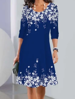 Hot Women's Mini Dress Crew Neck Long Sleeve Petite Dress T Shirt Dress Tee Dress Print Dress Fashion Modern Outdoor Street Loose Fit Floral Wine Navy Blue Green Women Spring Dresses|T Shirt Dresses