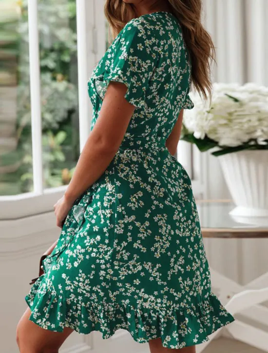Online Women's Mini Dress Emerald Green Dress Wrap Dress Stylish Basic Romantic Vacation Daily Date Regular Fit Floral Short Sleeve V Neck Navy Blue Green Summer Spring Women Spring Dresses