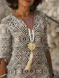 Sale Women's Mini Dress Ethnic Dress Mini Dress Petite Dress T Shirt Dress Tee Dress Shift Dress Fashion Streetwear Ethnic Outdoor Vacation Work Loose Fit Tribal 3/4 Length Sleeve V Neck Summer Women Work Dresses
