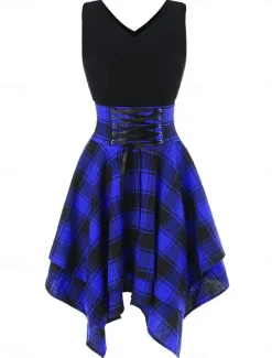 Sale Women's Mini Dress Fit And Flare Dress Stylish Sexy Regular Fit Plaid Sleeveless V Neck White Red Blue Green Summer Spring Women Casual Dress