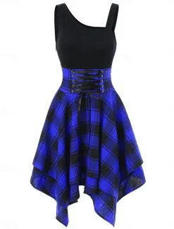 Online Women's Mini Dress Fit And Flare Dress Stylish Sexy Regular Fit Plaid Sleeveless One Shoulder White Red Blue Green Summer Spring Women Cocktail Dress