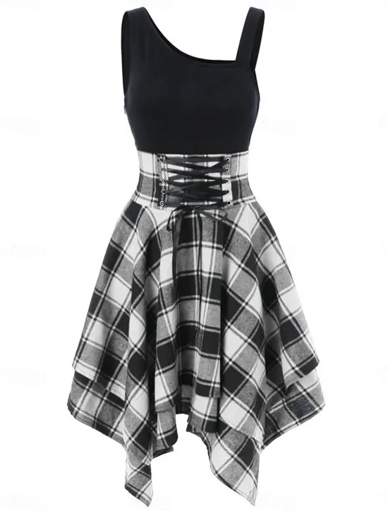 Online Women's Mini Dress Fit And Flare Dress Stylish Sexy Regular Fit Plaid Sleeveless One Shoulder White Red Blue Green Summer Spring Women Cocktail Dress