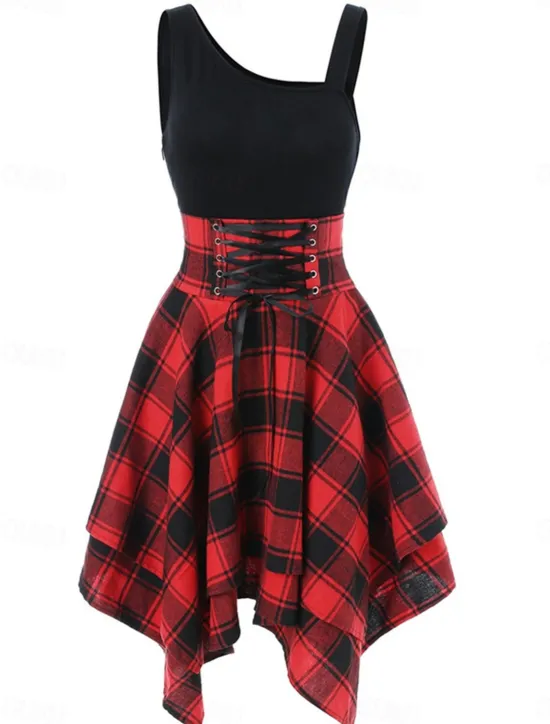 Online Women's Mini Dress Fit And Flare Dress Stylish Sexy Regular Fit Plaid Sleeveless One Shoulder White Red Blue Green Summer Spring Women Cocktail Dress