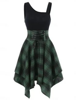 Online Women's Mini Dress Fit And Flare Dress Stylish Sexy Regular Fit Plaid Sleeveless One Shoulder White Red Blue Green Summer Spring Women Cocktail Dress