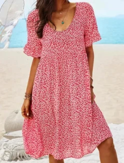 Online Women's Mini Dress Fit And Flare Dress Casual Outdoor Going out Regular Fit Floral Short Sleeve Crewneck Light Blue Yellow Red Dark Blue Summer Spring Women Vacation Dresses