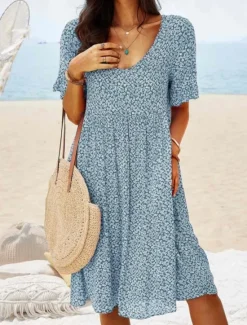 Online Women's Mini Dress Fit And Flare Dress Casual Outdoor Going out Regular Fit Floral Short Sleeve Crewneck Light Blue Yellow Red Dark Blue Summer Spring Women Vacation Dresses