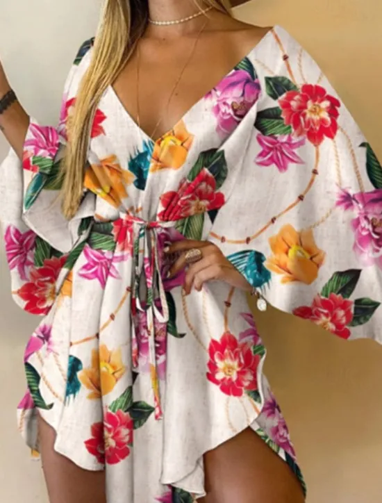 Clearance Women's Mini Dress Floral Dress Print Dress Fashion Modern Outdoor Vacation Holiday Regular Fit Flower Long Sleeve V Neck Black And White Yellow Light Green Pink Summer Women Floral Dresses