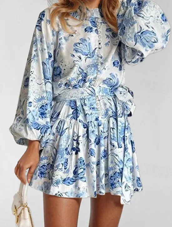 Hot Women's Mini Dress Floral Dress Print Dress Fashion Modern Vacation Daily Holiday Regular Fit Flower Long Sleeve Shirt Collar Red Blue Purple Gray Summer Women Floral Dresses