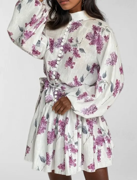 Hot Women's Mini Dress Floral Dress Print Dress Fashion Modern Vacation Daily Holiday Regular Fit Flower Long Sleeve Shirt Collar Red Blue Purple Gray Summer Women Floral Dresses