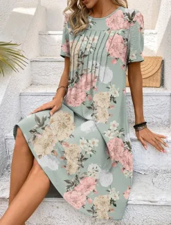 Sale Women's Mini Dress Floral Print Crew Neck Short Sleeve Summer Women Spring Dresses|Casual Dress