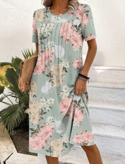 Sale Women's Mini Dress Floral Print Crew Neck Short Sleeve Summer Women Spring Dresses|Casual Dress