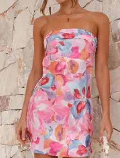 Clearance Women's Mini Dress Floral Dress Fashion Classic Modern Vacation Holiday Going out Regular Fit Flower Sleeveless Strapless Pink Red Blue Purple Summer Women Floral Dresses