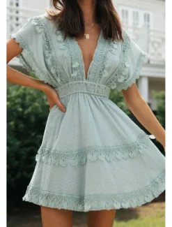 New Women's Mini Dress Graduation Dress Fashion Modern Birthday Date Going out Regular Fit Plain Short Sleeve V Neck Summer Women Vacation Dresses