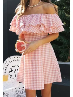 Sale Women's Mini Dress Graduation Dress Fashion Outdoor Daily Holiday Regular Fit Plaid Short Sleeve Off Shoulder Summer Women Vacation Dresses