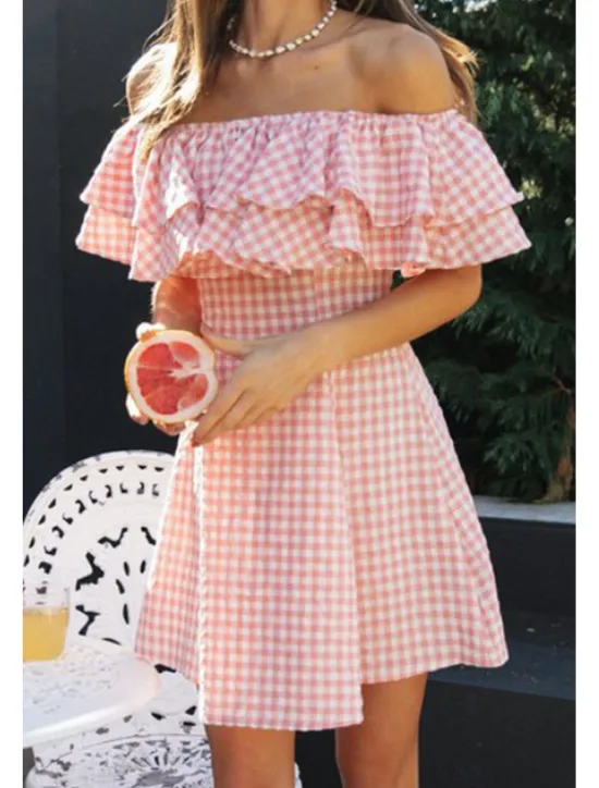 Sale Women's Mini Dress Graduation Dress Fashion Outdoor Daily Holiday Regular Fit Plaid Short Sleeve Off Shoulder Summer Women Vacation Dresses