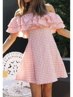 Sale Women's Mini Dress Graduation Dress Fashion Outdoor Daily Holiday Regular Fit Plaid Short Sleeve Off Shoulder Summer Women Vacation Dresses