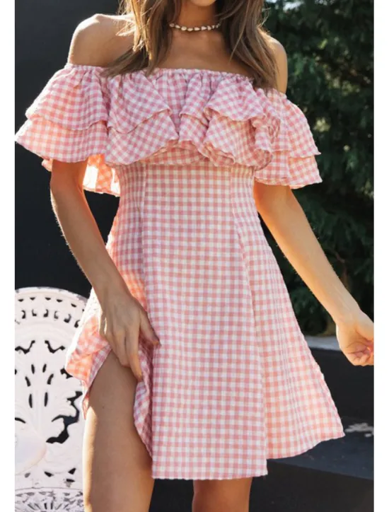 Sale Women's Mini Dress Graduation Dress Fashion Outdoor Daily Holiday Regular Fit Plaid Short Sleeve Off Shoulder Summer Women Vacation Dresses