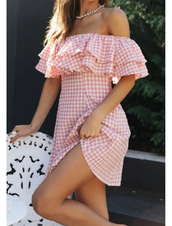 Sale Women's Mini Dress Graduation Dress Fashion Outdoor Daily Holiday Regular Fit Plaid Short Sleeve Off Shoulder Summer Women Vacation Dresses