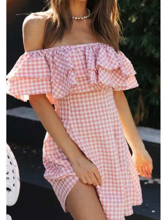 Sale Women's Mini Dress Graduation Dress Fashion Outdoor Daily Holiday Regular Fit Plaid Short Sleeve Off Shoulder Summer Women Vacation Dresses