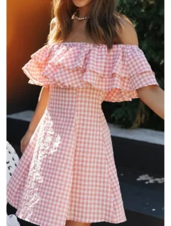 Sale Women's Mini Dress Graduation Dress Fashion Outdoor Daily Holiday Regular Fit Plaid Short Sleeve Off Shoulder Summer Women Vacation Dresses