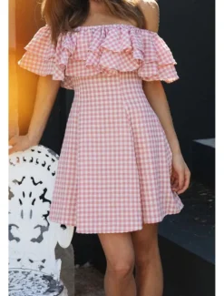 Sale Women's Mini Dress Graduation Dress Fashion Outdoor Daily Holiday Regular Fit Plaid Short Sleeve Off Shoulder Summer Women Vacation Dresses